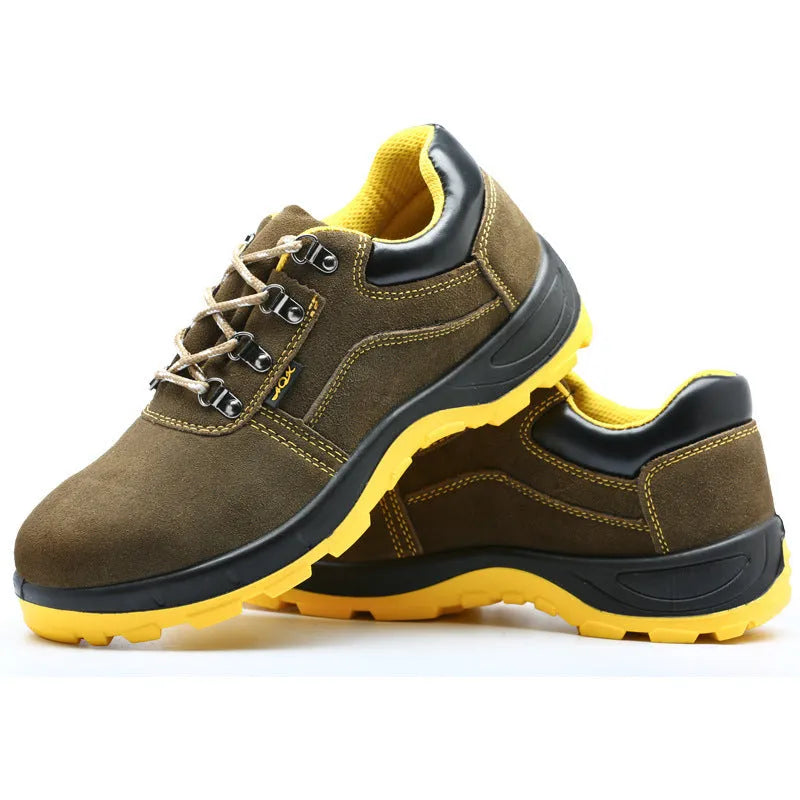 Bronze coloured low-cut cow suede leather safety shoes with a steel toe cap on a patterned non-slip sole.
