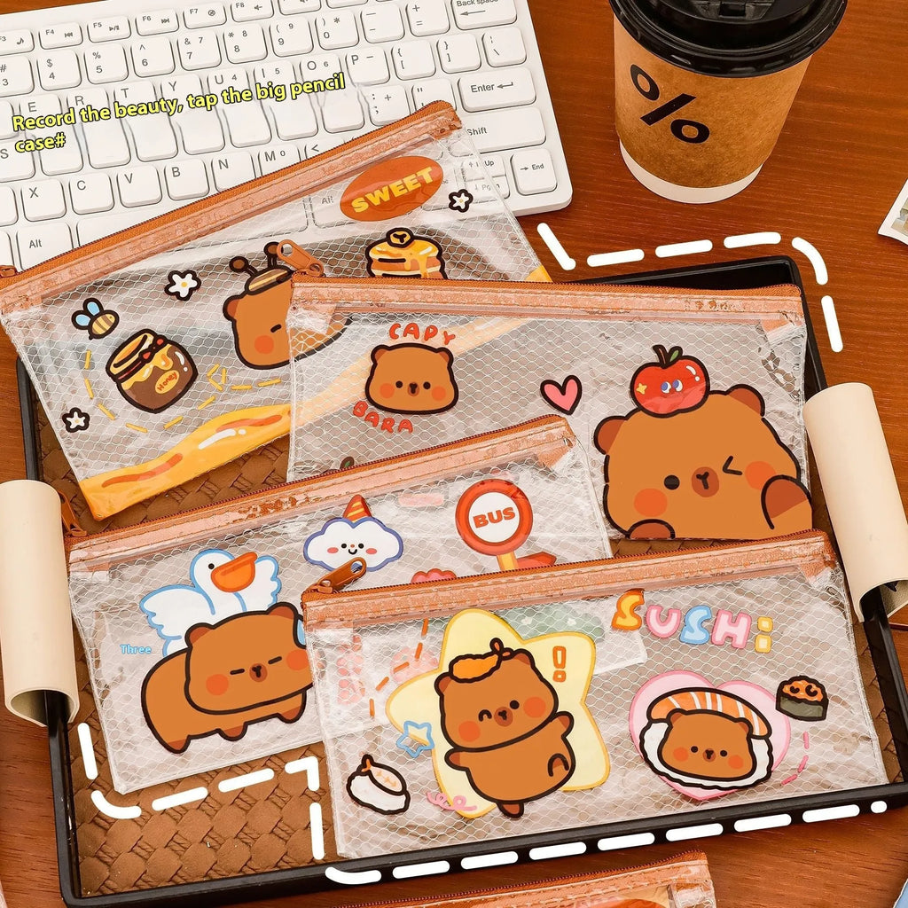 Transparent PVC mesh pencil case with random mixed colour finish, measuring 20x10.3 cm