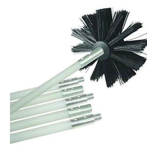 Flexible chimney and dryer vent cleaning brush set with bendable rods and nylon brush head.