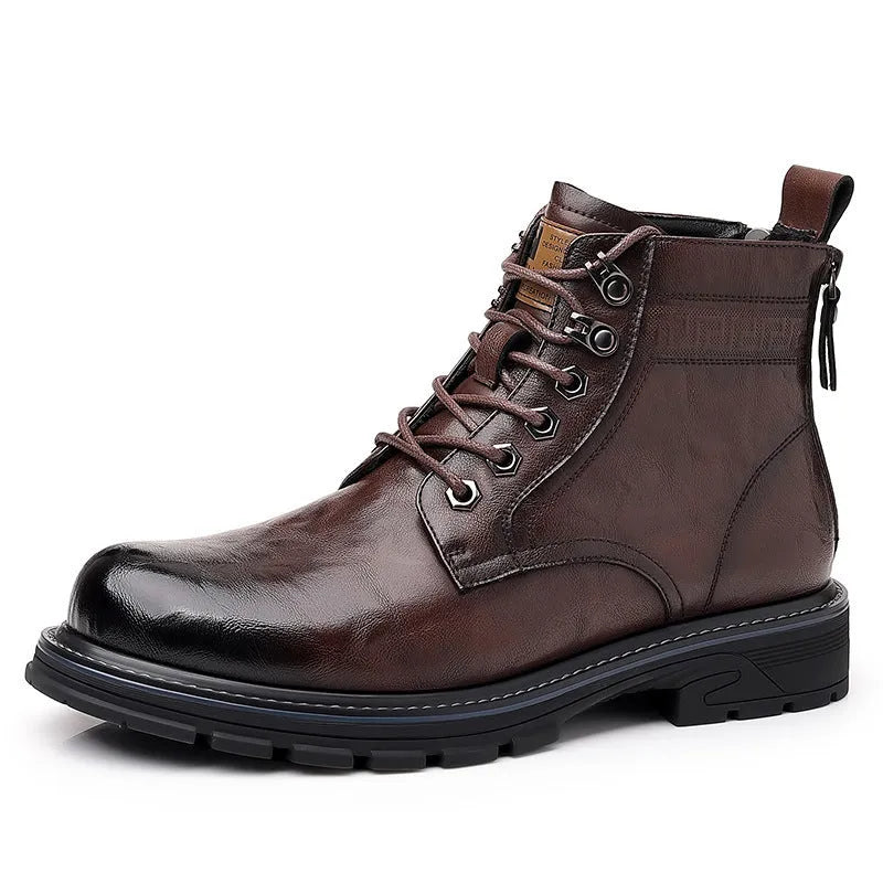 Men's black and brown leather Martin ankle work boots with square heel and rubber sole