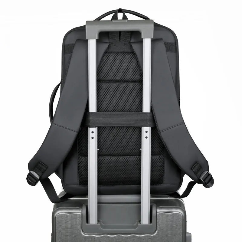 Black waterproof Oxford cloth backpack with Derm leather detailing and curved shoulder straps