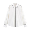 White loose fit poplin shirt with plant and flower print, contrast trim, long sleeves, pullover style