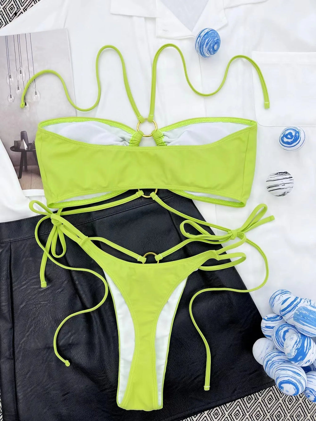 Women's yellow green lace-up triangle bikini swimsuit with t-pants