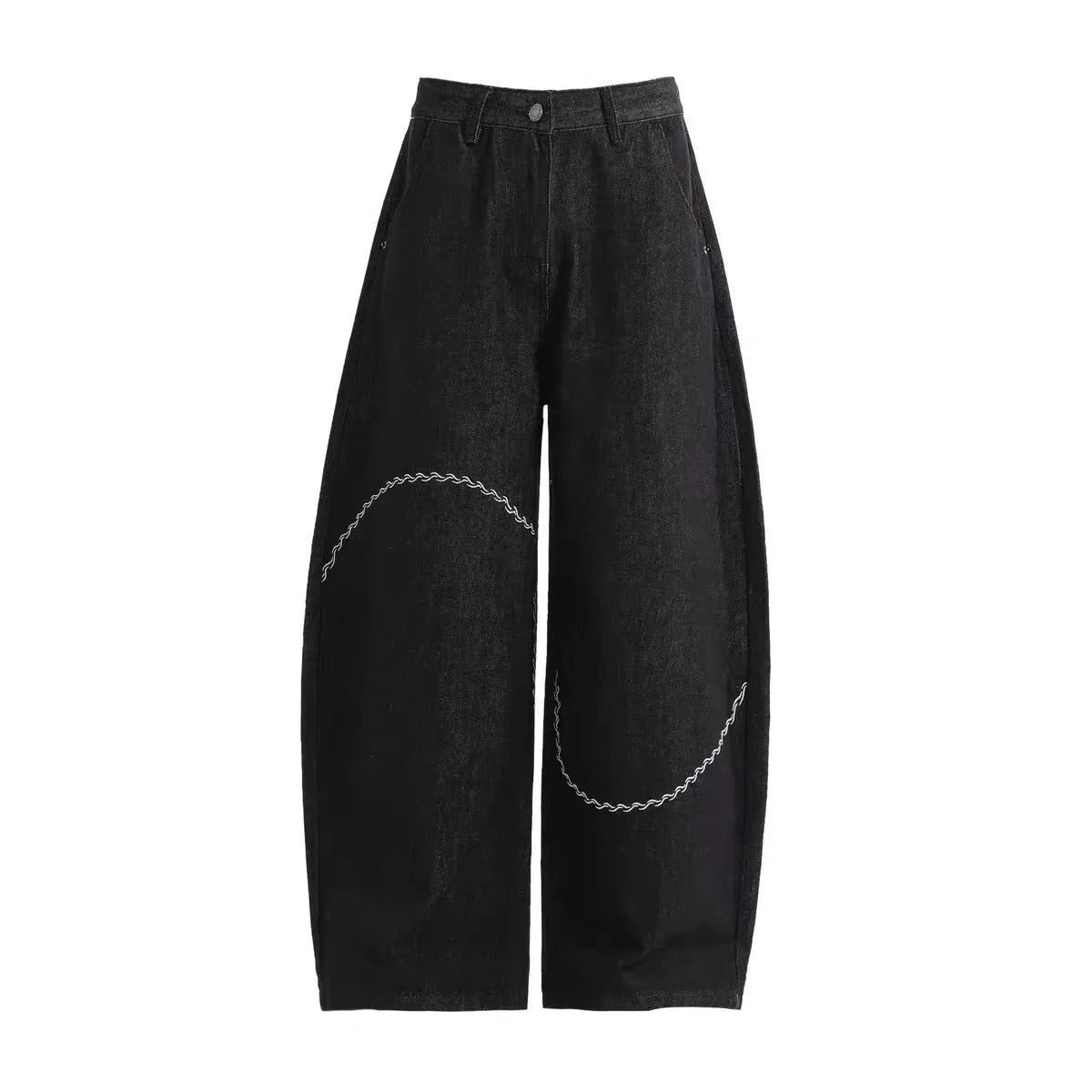 Black men's straight-leg denim trousers with a mid-rise waist and zip fly.