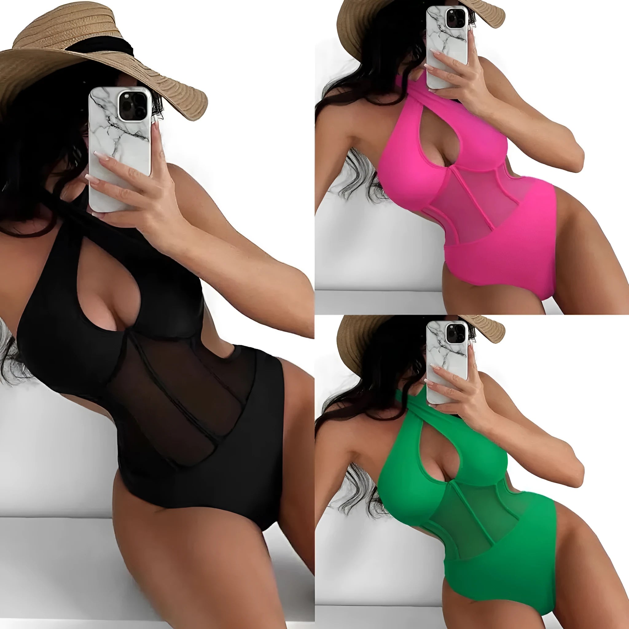 Women's black one-piece swimsuit bikini in spun yarn fabric with nylon polyester spandex blend