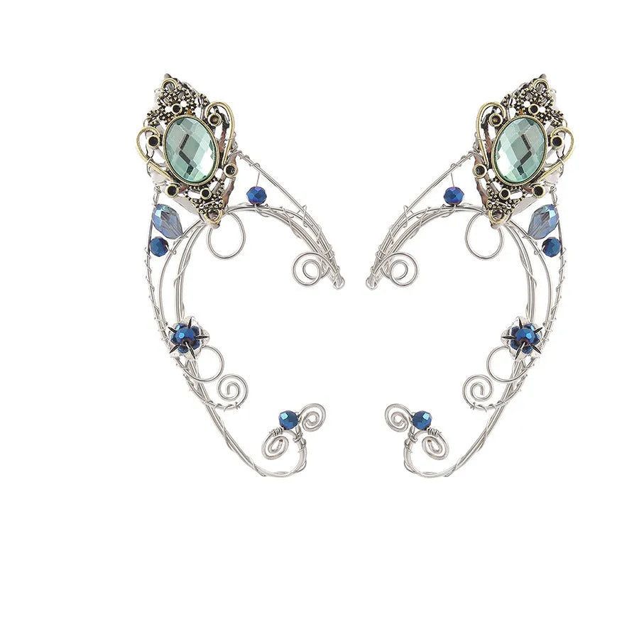 Green crystal non-piercing ear clip hand-woven original design mixed material on white background