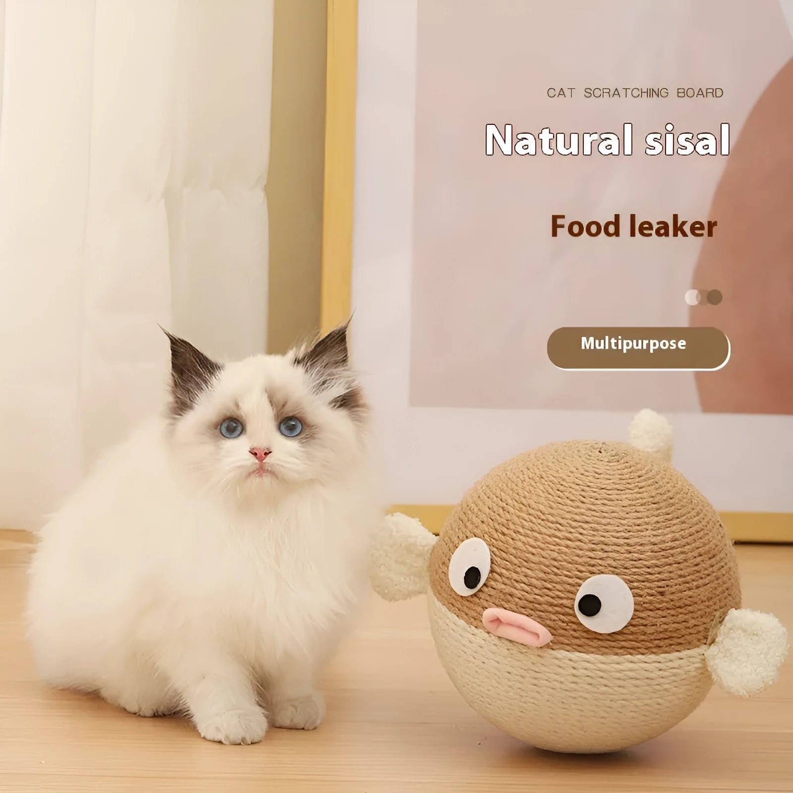 Puffer fish-shaped pet food feeder toy made from natural sisal hemp strips, 15cm cube design
