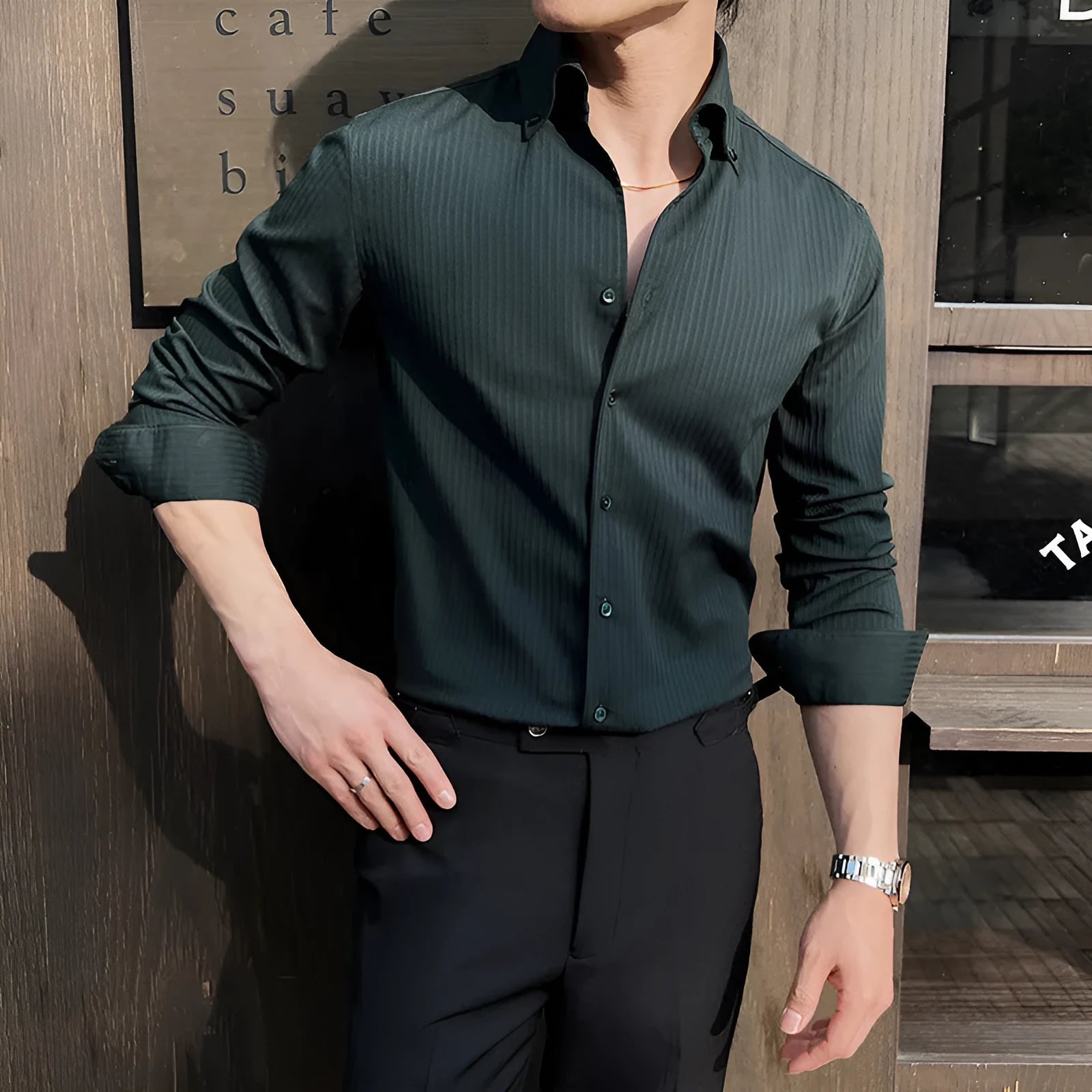 Men's dark striped V-neck long sleeve cardigan shirt in chemical fiber blend fabric