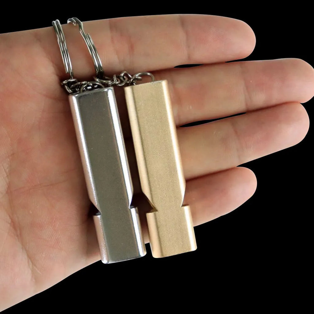 Silver aluminium alloy double-hole survival whistle with cylindrical design and lanyard loop