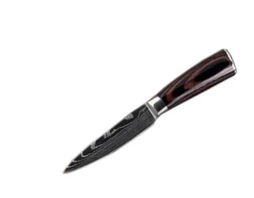 Carpenter's Special kitchen knife with laser Damascus pattern blade and coloured wood handle