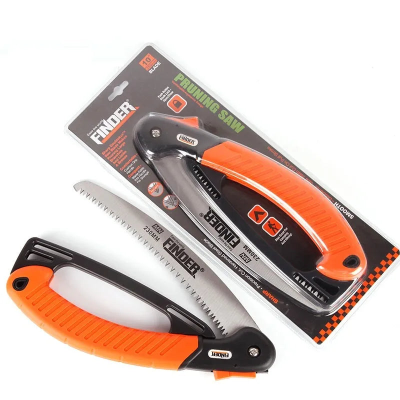 A folding garden hand saw with a 230mm steel blade and black TPR grip, shown both open and closed.
