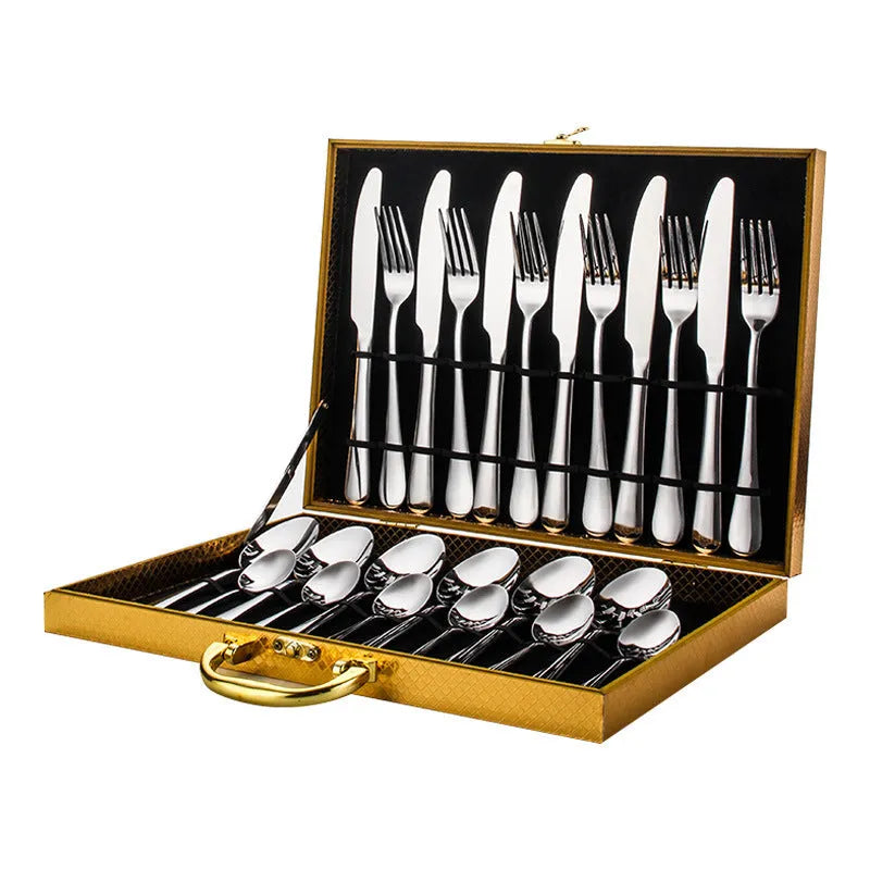 24-piece stainless steel cutlery set showing table knives, forks, and spoons in a gold colour option.