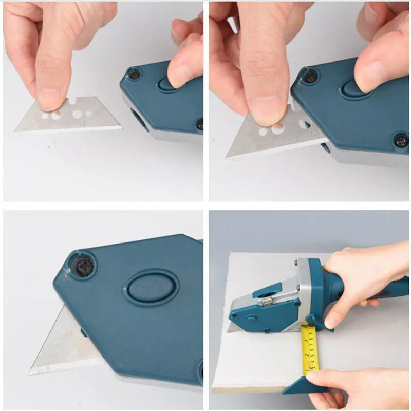 Blue aluminium and TPR woodworking cutter with tape measure for dust-free sheet material cutting.