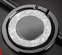 Bling glitter metal phone ring holder in silver colour, showing 360-degree rotation on the back of a smartphone.