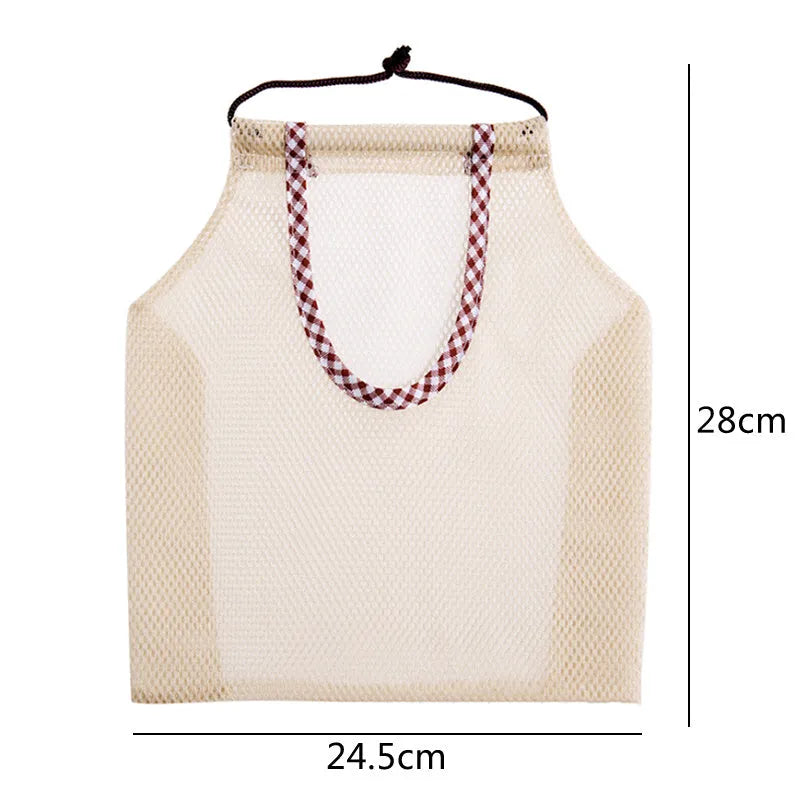 Beige plaid polyester mesh kitchen storage bag 26x29cm on wall hook