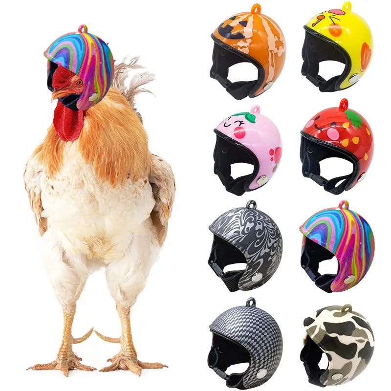 Assortment of small colourful plastic chicken helmets showing rainbow, zodiac, and patterned designs.