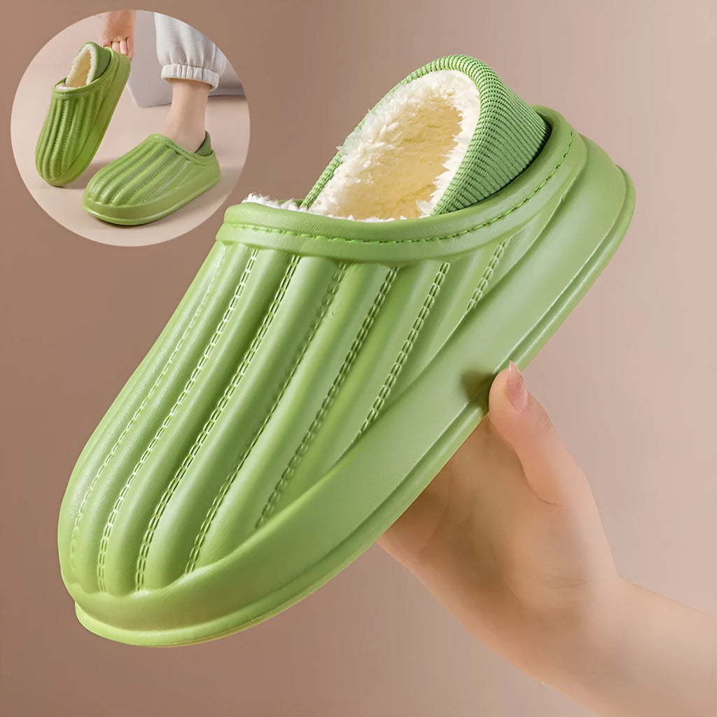 Thickened couple slippers in grey, EVA sole, non-slip, round toe, plush lined winter home shoes