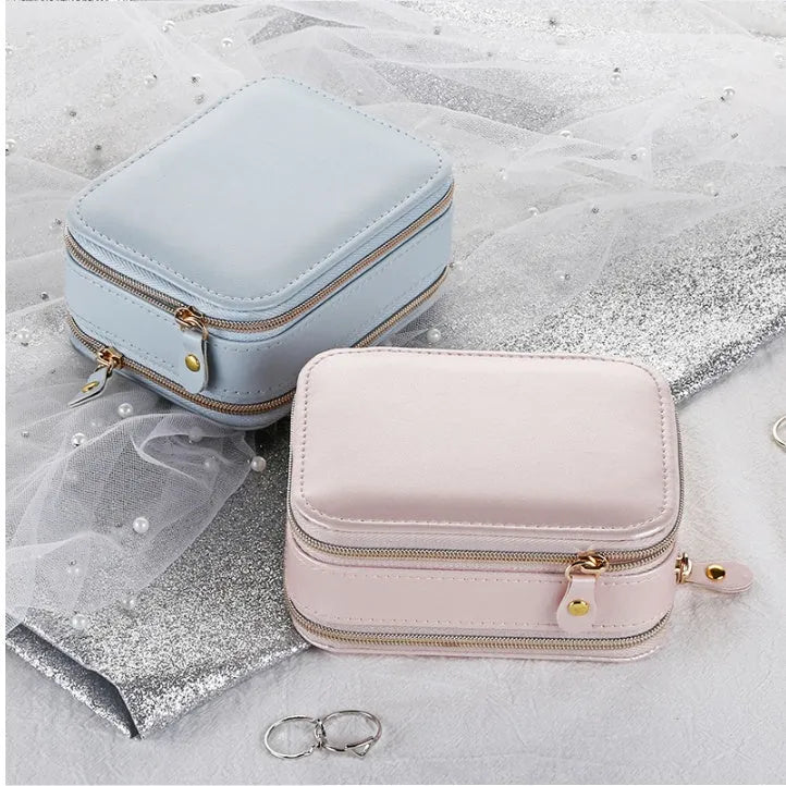 Portable PU leather jewellery box with three-layer storage in blue colour
