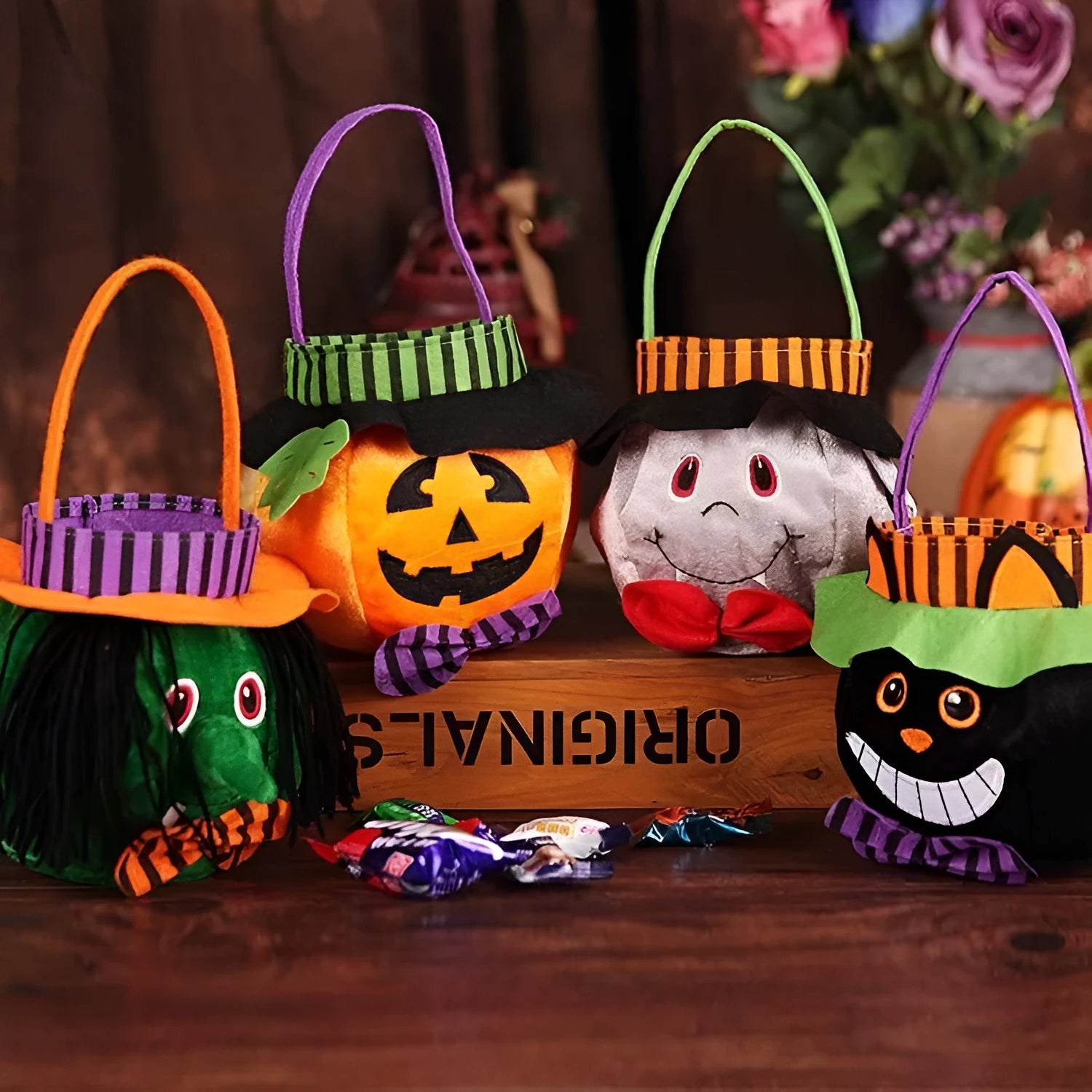 Halloween candy bag with pumpkin pattern velvet construction 16cm dimensions