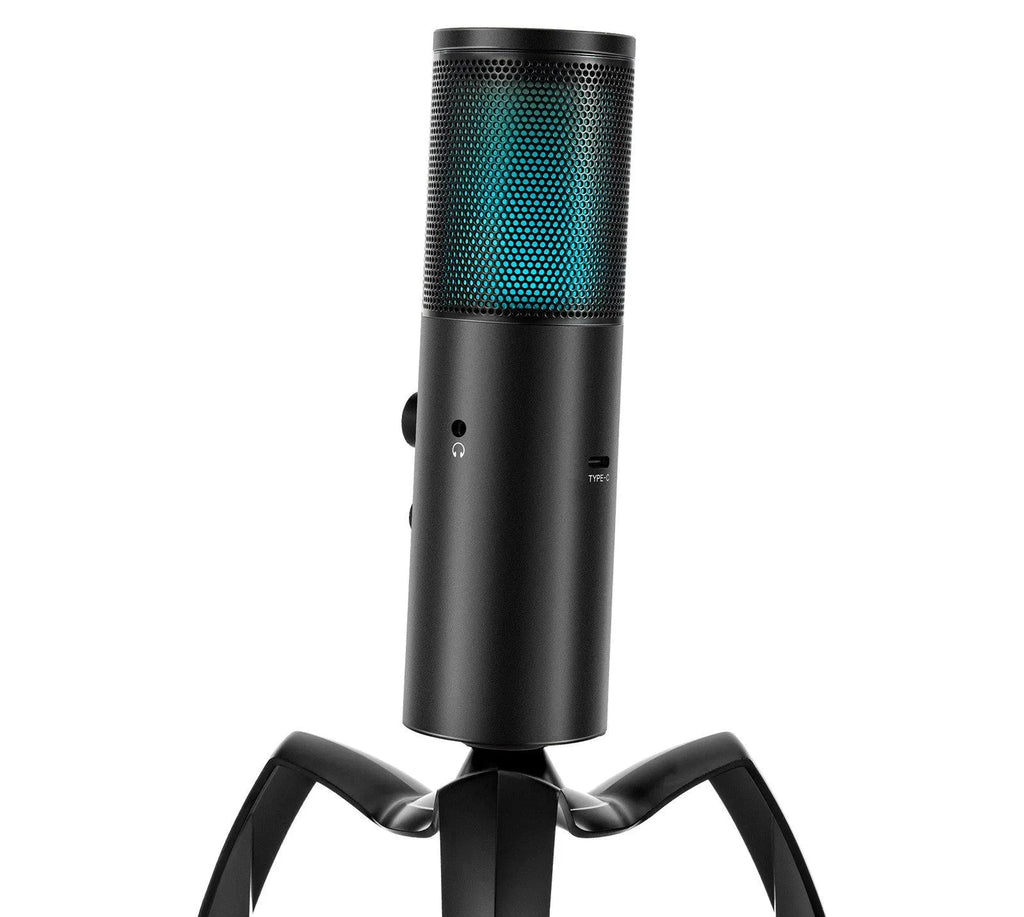 Black Q18 USB condenser microphone with RGB lights on a adjustable metal tripod stand.