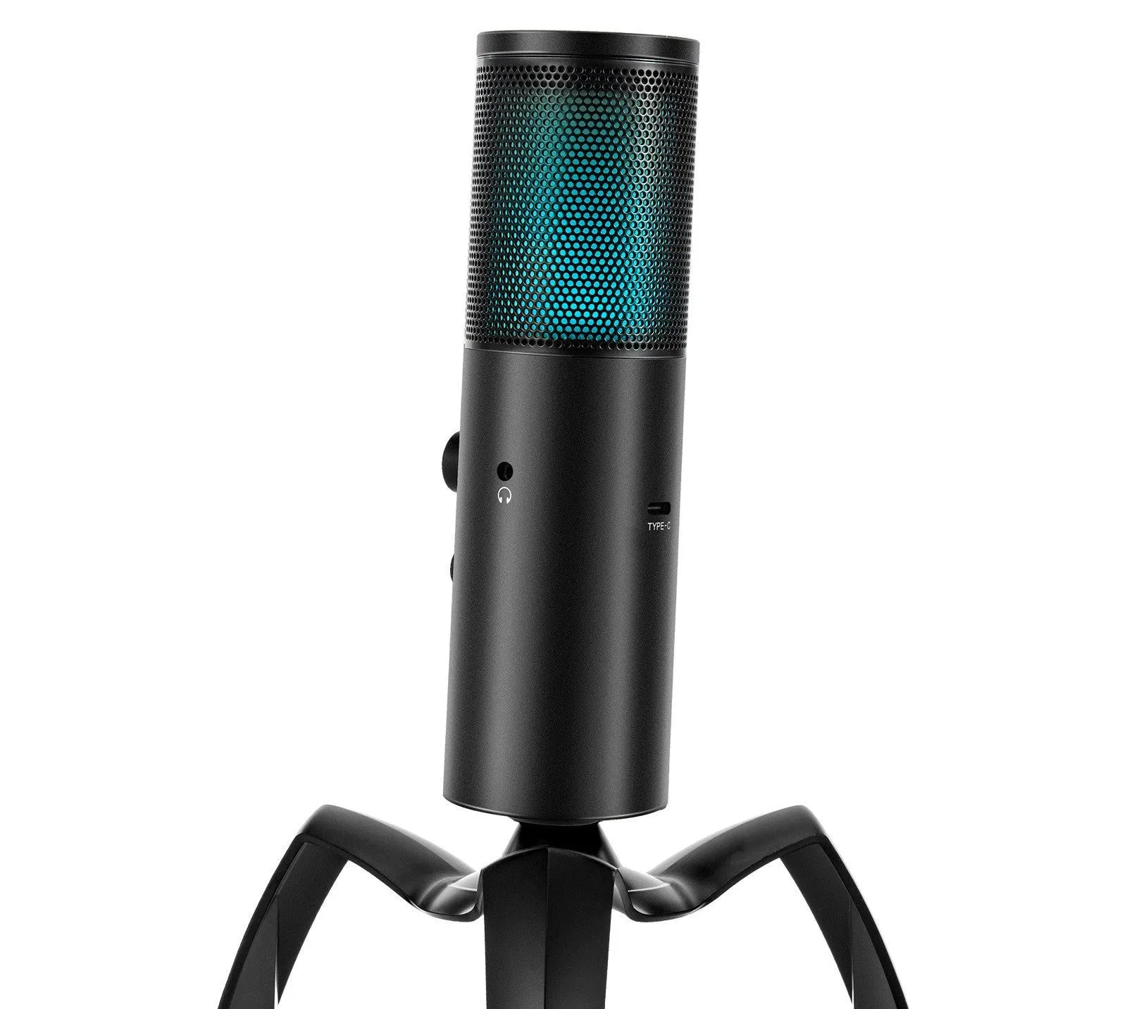 Black Q18 USB condenser microphone with RGB lights on a adjustable metal tripod stand.