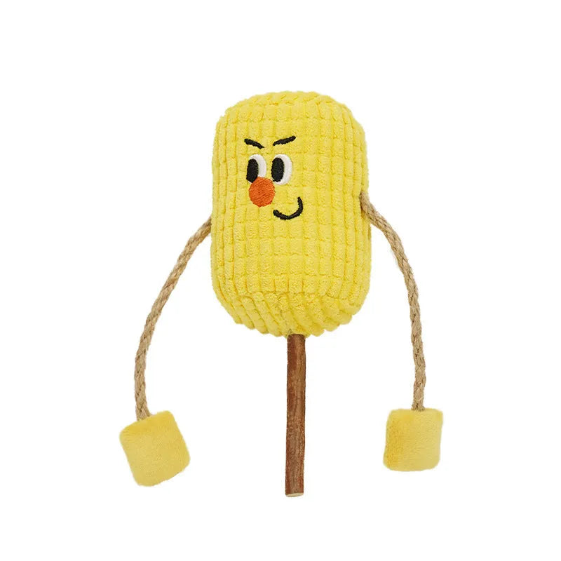 Natural wood corn cob shaped cat chew toy for dental health, measuring 15cm long with textured surface