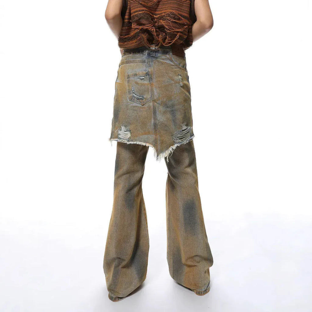 American Street loose hole bootcut pants in cotton denim with high waist design