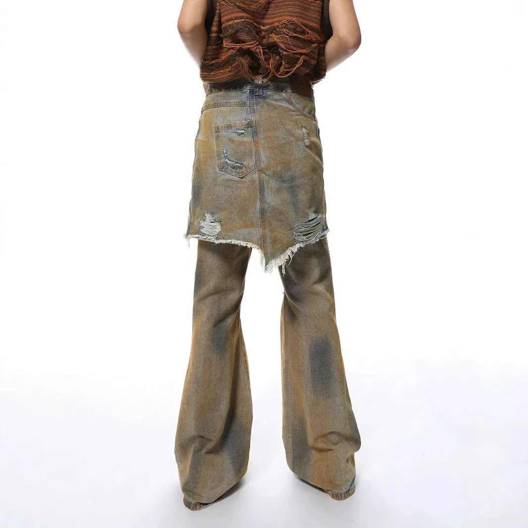 American Street loose hole bootcut pants in cotton denim with high waist design