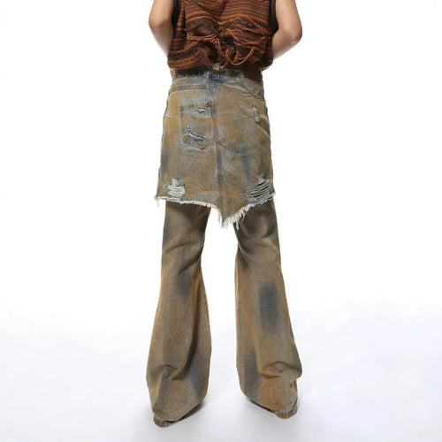 American Street loose hole bootcut pants in cotton denim with high waist design