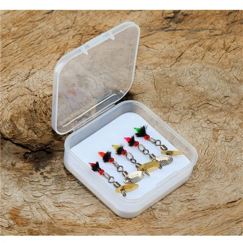 Five multicolour fishing hooks with poisonous mosquito and fly patterns and spinning sequins