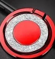 Bling glitter metal phone ring holder in silver colour, showing 360-degree rotation on the back of a smartphone.