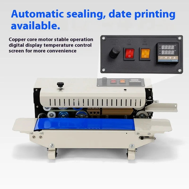 Compact steel handheld heat sealer with a rotary date stamp dial, sealing a plastic food bag on a kitchen worktop.