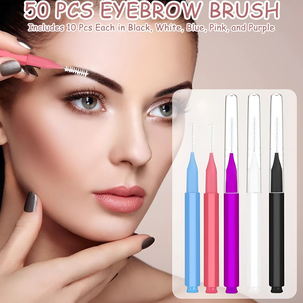 Set of coloured micro eyebrow and eyelash brushes with protective caps arranged on a white surface.