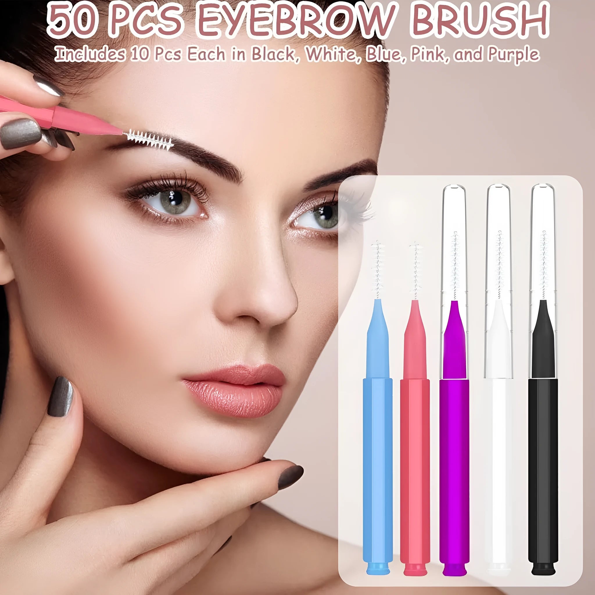 Set of coloured micro eyebrow and eyelash brushes with protective caps arranged on a white surface.
