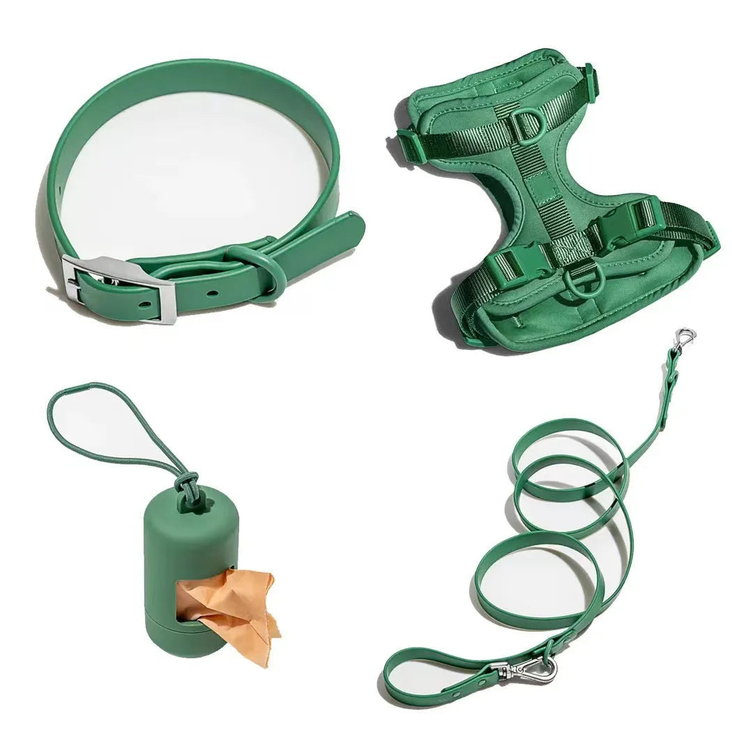 Dog tactical chest back collar set in PVC material with traction rope and harness, available in multiple colours