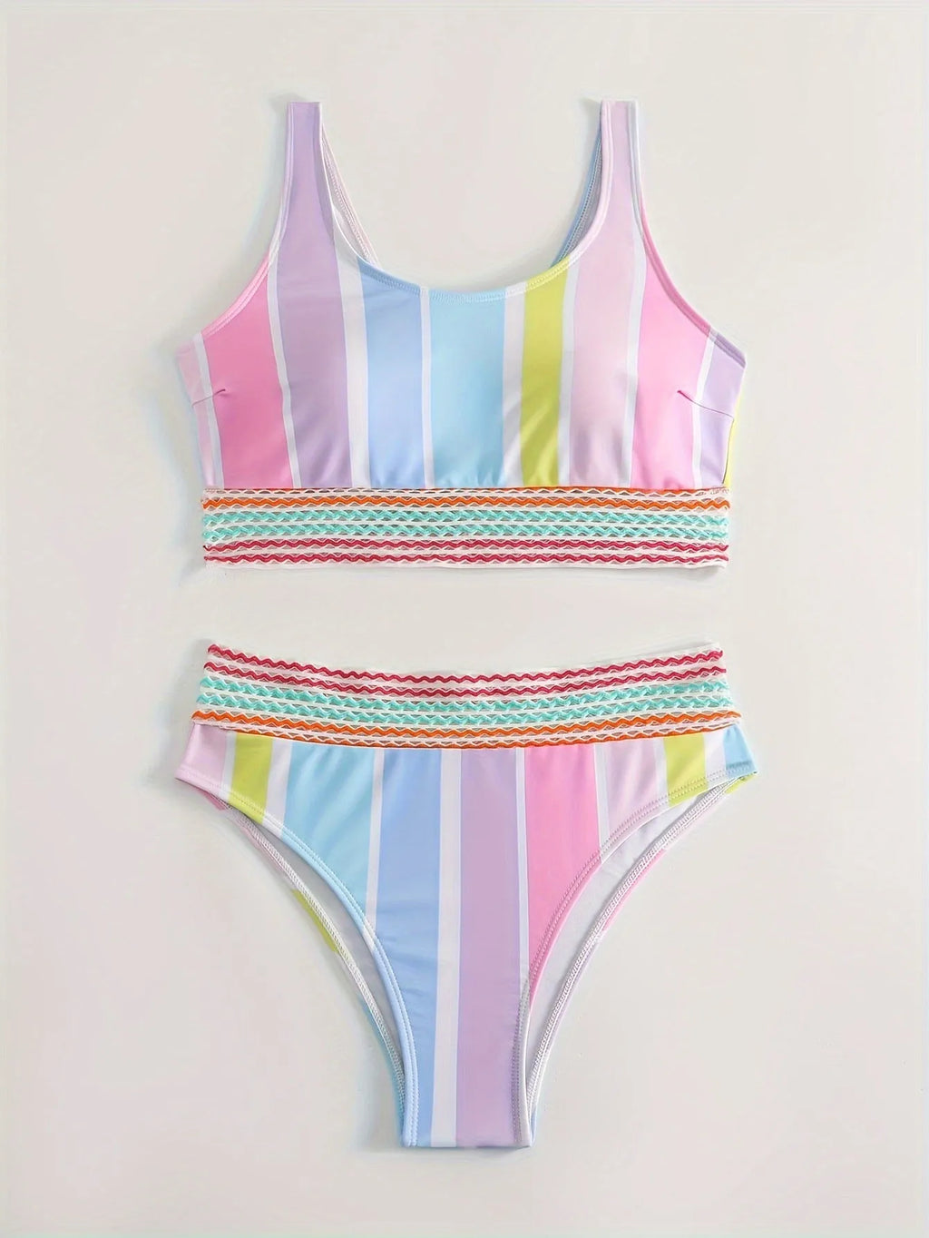 Women's striped bikini top and briefs set in a European and American style on a mannequin.