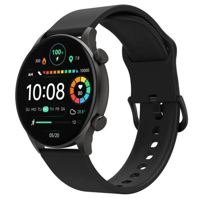 Black or white Bluetooth smartwatch on wrist showing AMOLED display with heart rate and call icons.