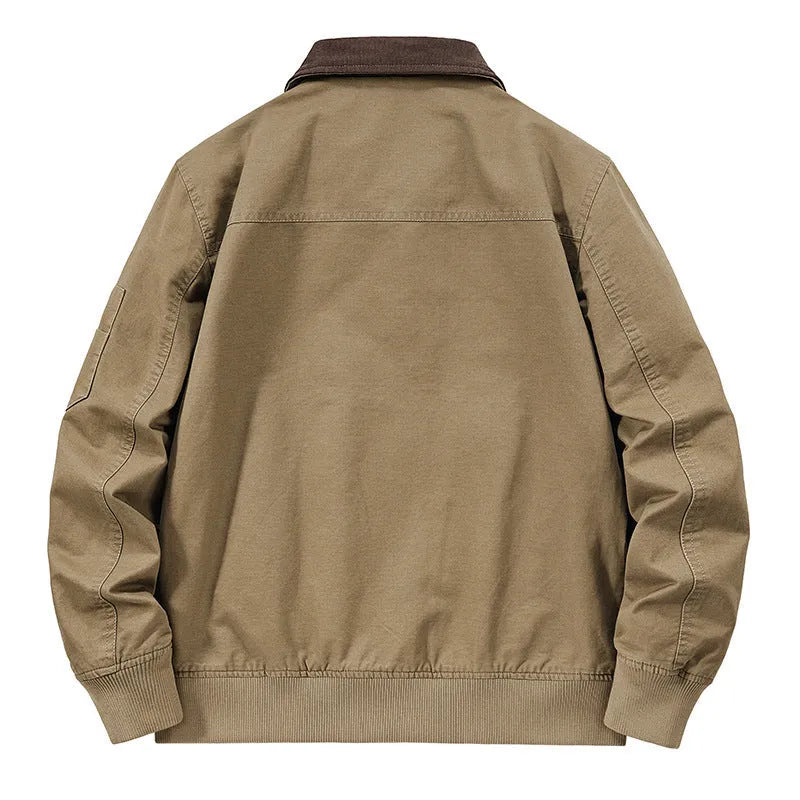 Men's plus size washed cotton loose-fit flight jacket in army green