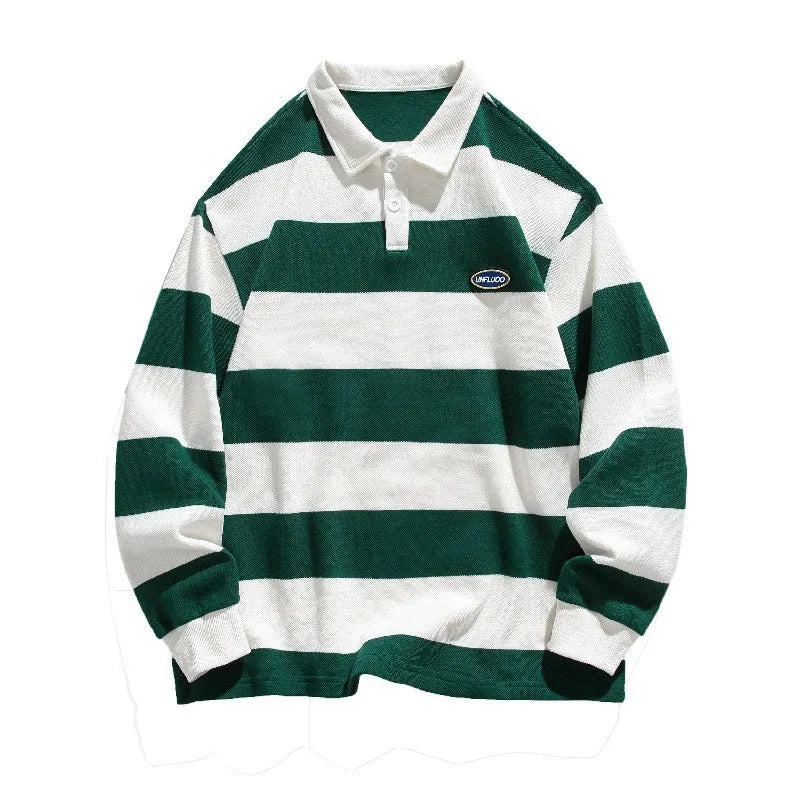 Striped pearl cotton polo shirt with sweater lapel collar in loose fit, shown in multiple colours.