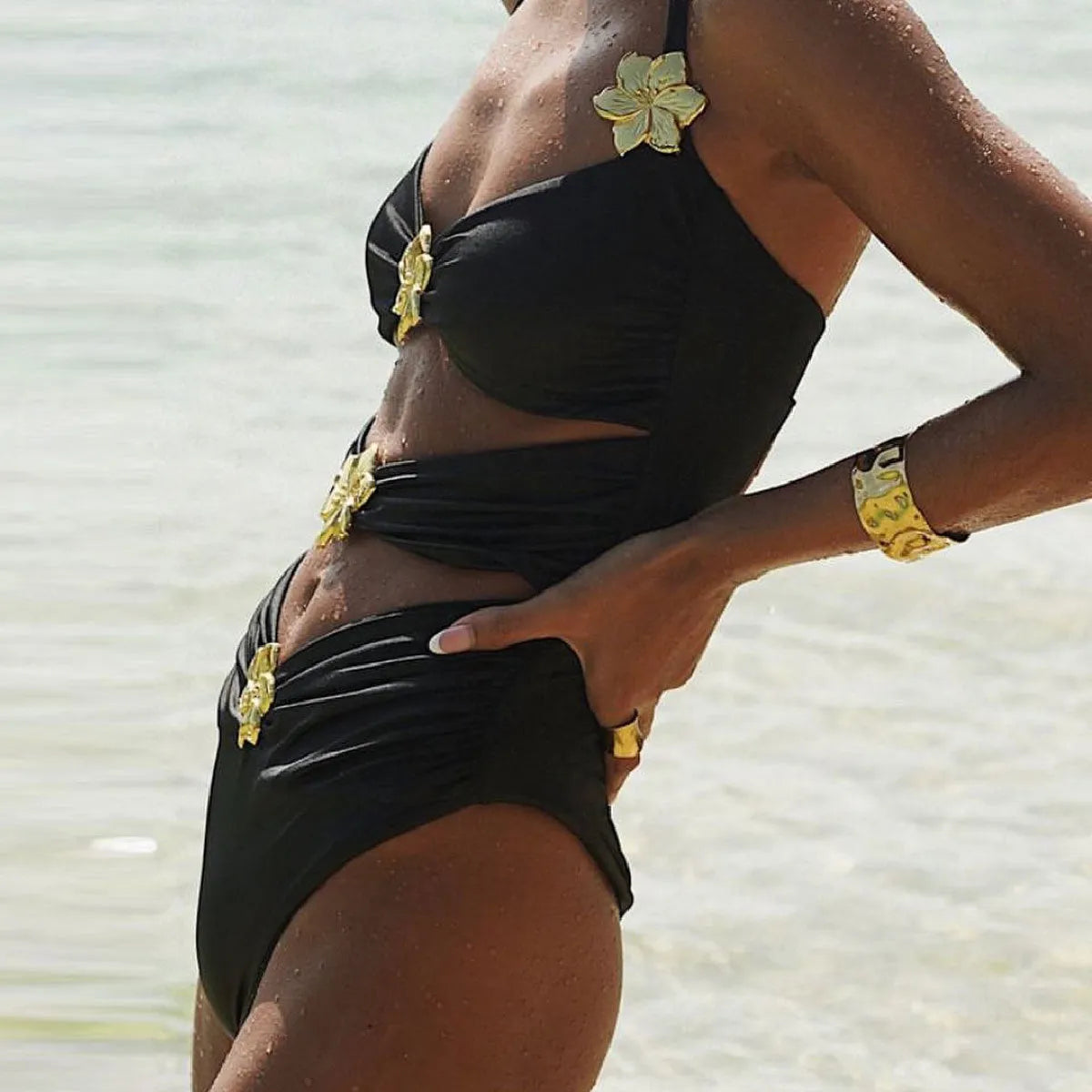 Women's solid colour one-piece swimsuit with hollow-out tube top, high-waist briefs, and a separate short skirt.