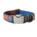 Blue velvet plaid pattern dog collar with an alloy metal buckle on a white background
