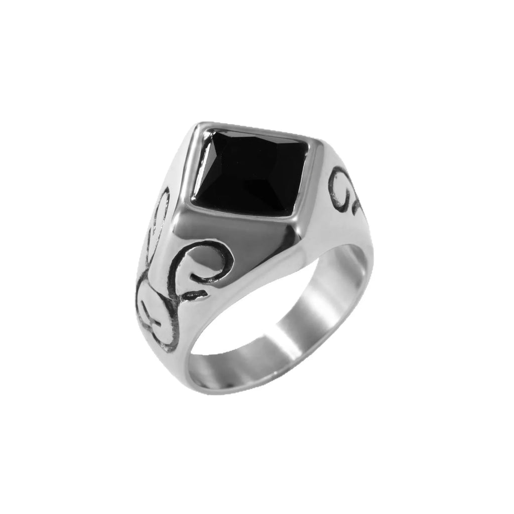 Square personality twisted ring in stainless steel with polished finish, leaf style and retro design, sizes 18-22.