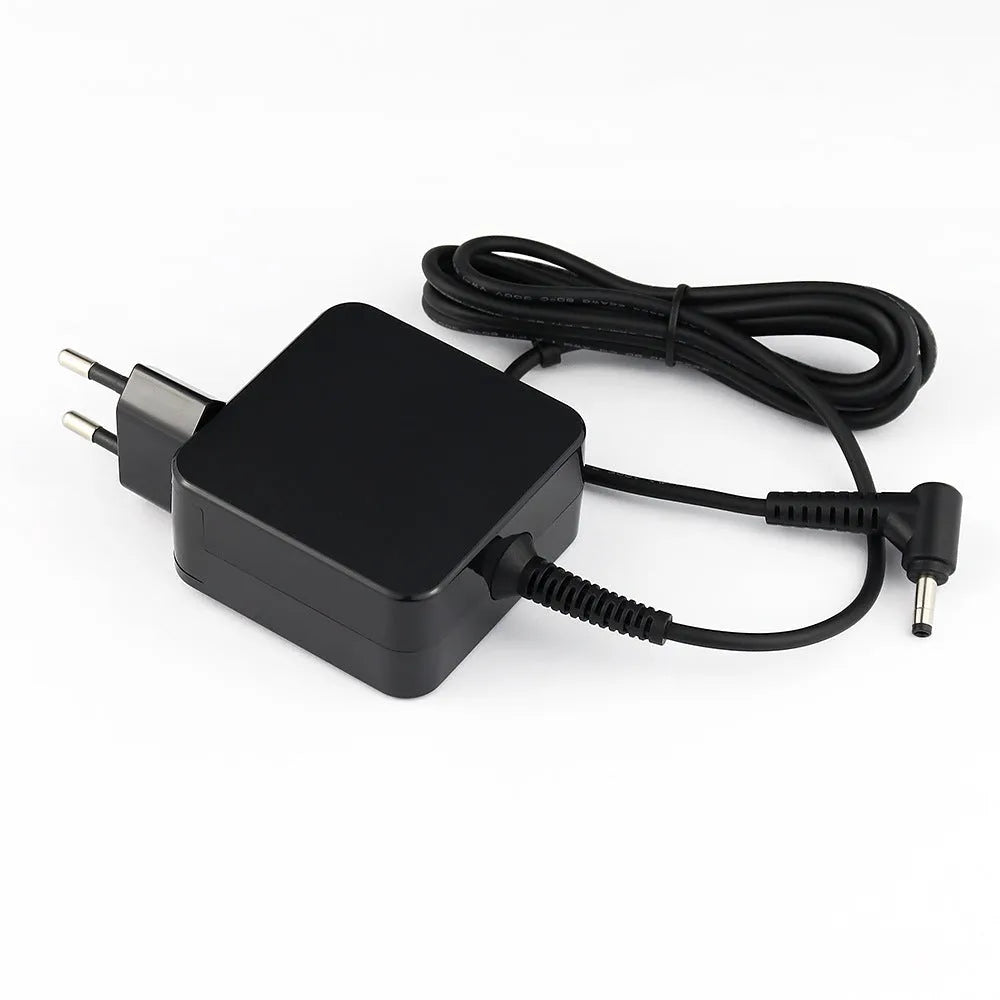 Black 45W laptop power adapter with EU and US plug attachments and a DC charging cable.