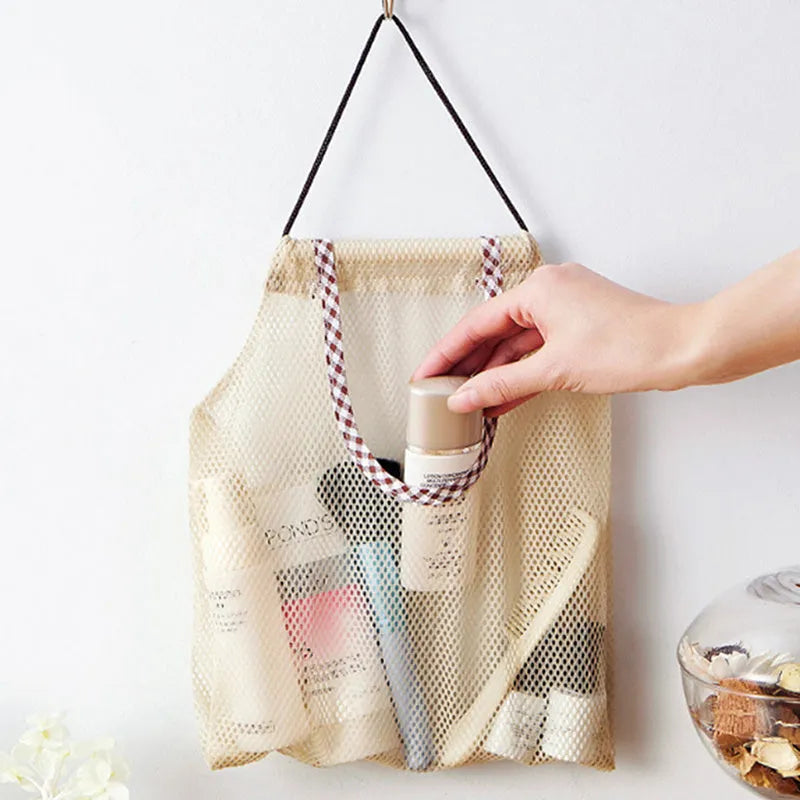 Beige plaid polyester mesh kitchen storage bag 26x29cm on wall hook
