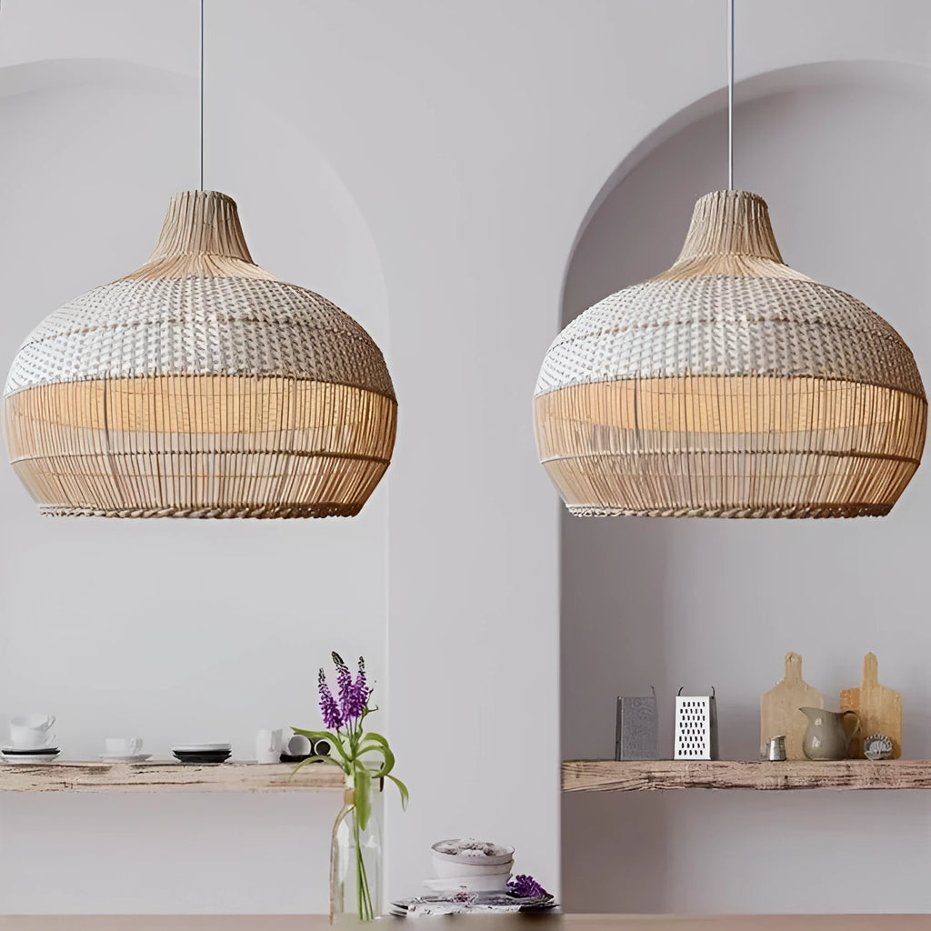 Rattan woven chandelier with a 60cm diameter in a Silent Wind style design.