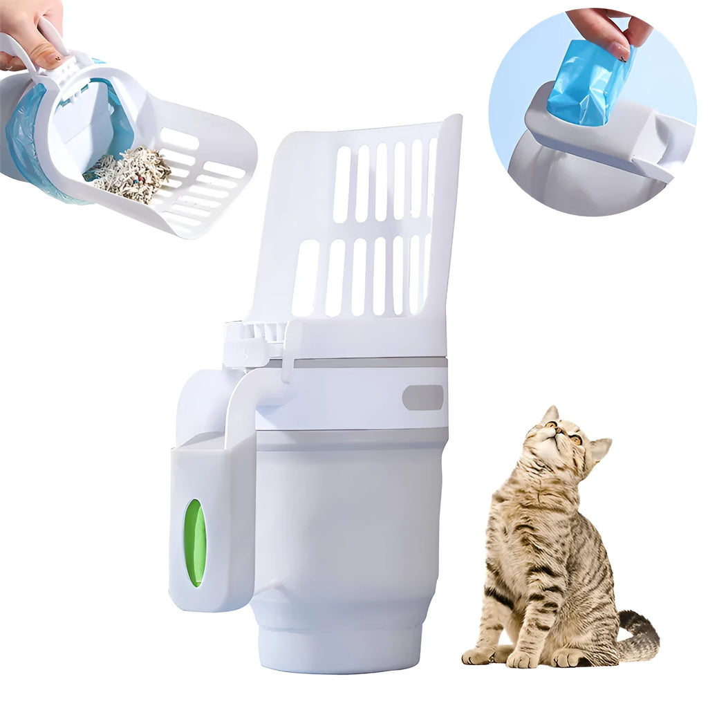 Self-cleaning cat litter scoop system with waste bin in grey colour showing foldable bottom design