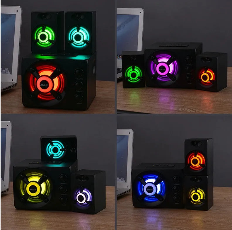 Desktop home speakers in black or white with 3.5mm audio cable, USB power, Bluetooth, USB and TF card playback.