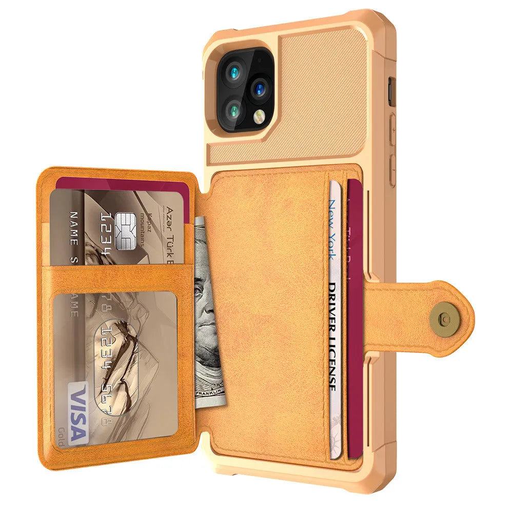 Imitation leather phone case with built-in card wallet and cash slot for iPhone, shown in multiple colours.