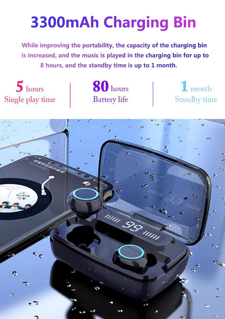 Black M11 style Bluetooth wireless headset with digital display and phone holder.