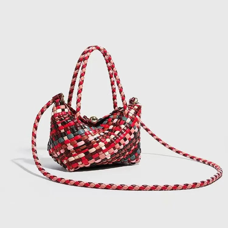 Women's casual woven shoulder bag in PU leather, showing textured hand-woven detail.